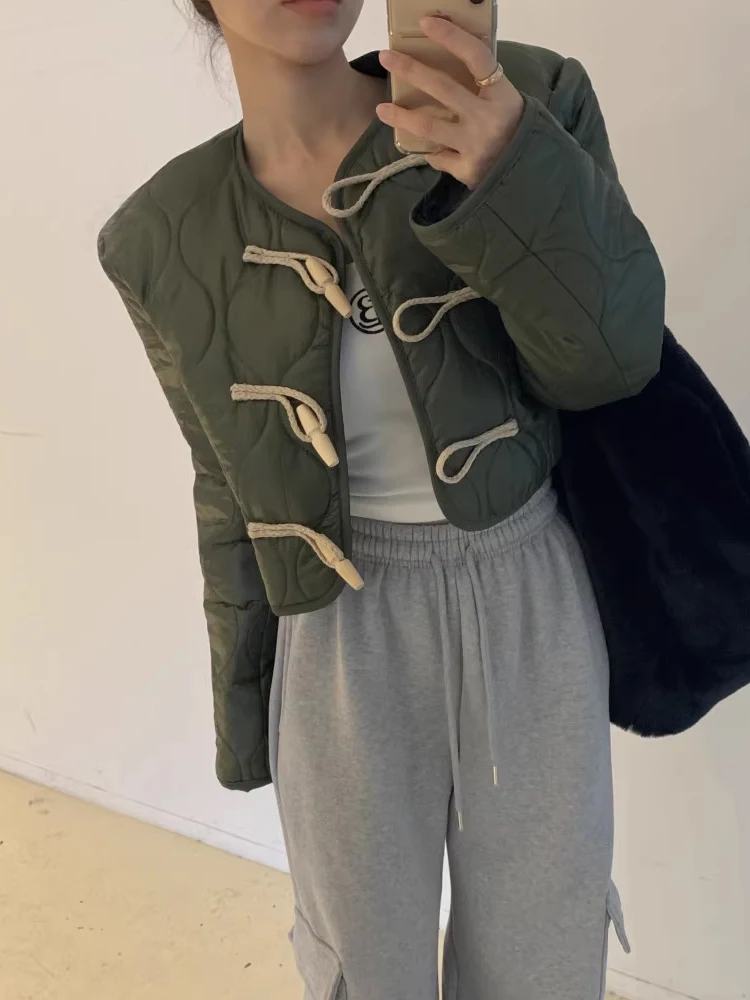 Damen-Jaset-Oberteil aus Baumwolle, Winterwärme, Retro-Knöpfe, koreanisches SLE-Loose-Fit, rundes, langes Sve-Farben-Top