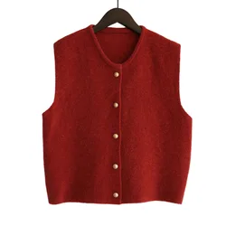 New In 2025 Women's Spring  Autumn Solid Color Sleeveless Sweater Vest Trendy Stacked Waiver Single Breasted Cardigan Waistcoats