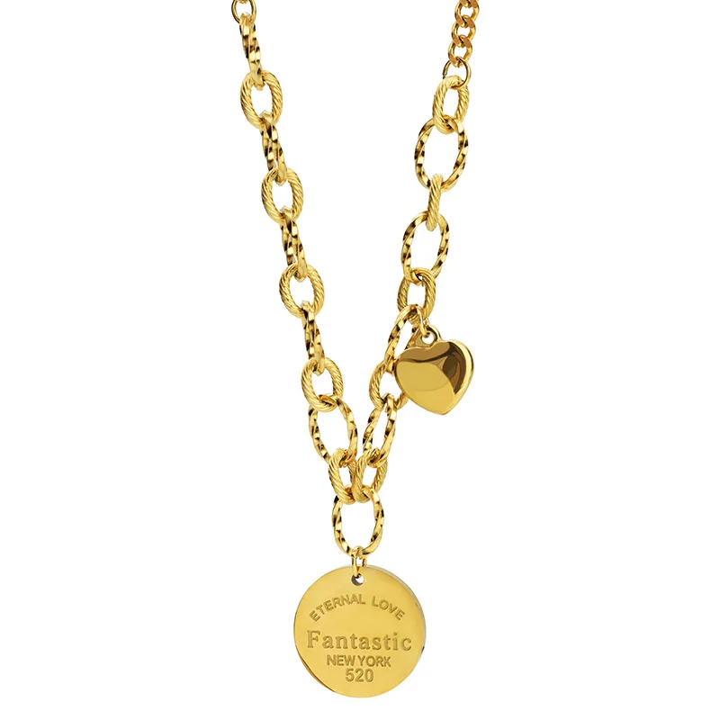 العلامة التجارية الجديدة التيتانيوم الصلب العالمي سلسلة سميكة الربط قلادة، أنثى القلب هندسية لوحة مستديرة قلادة، سلسلة الترقوة