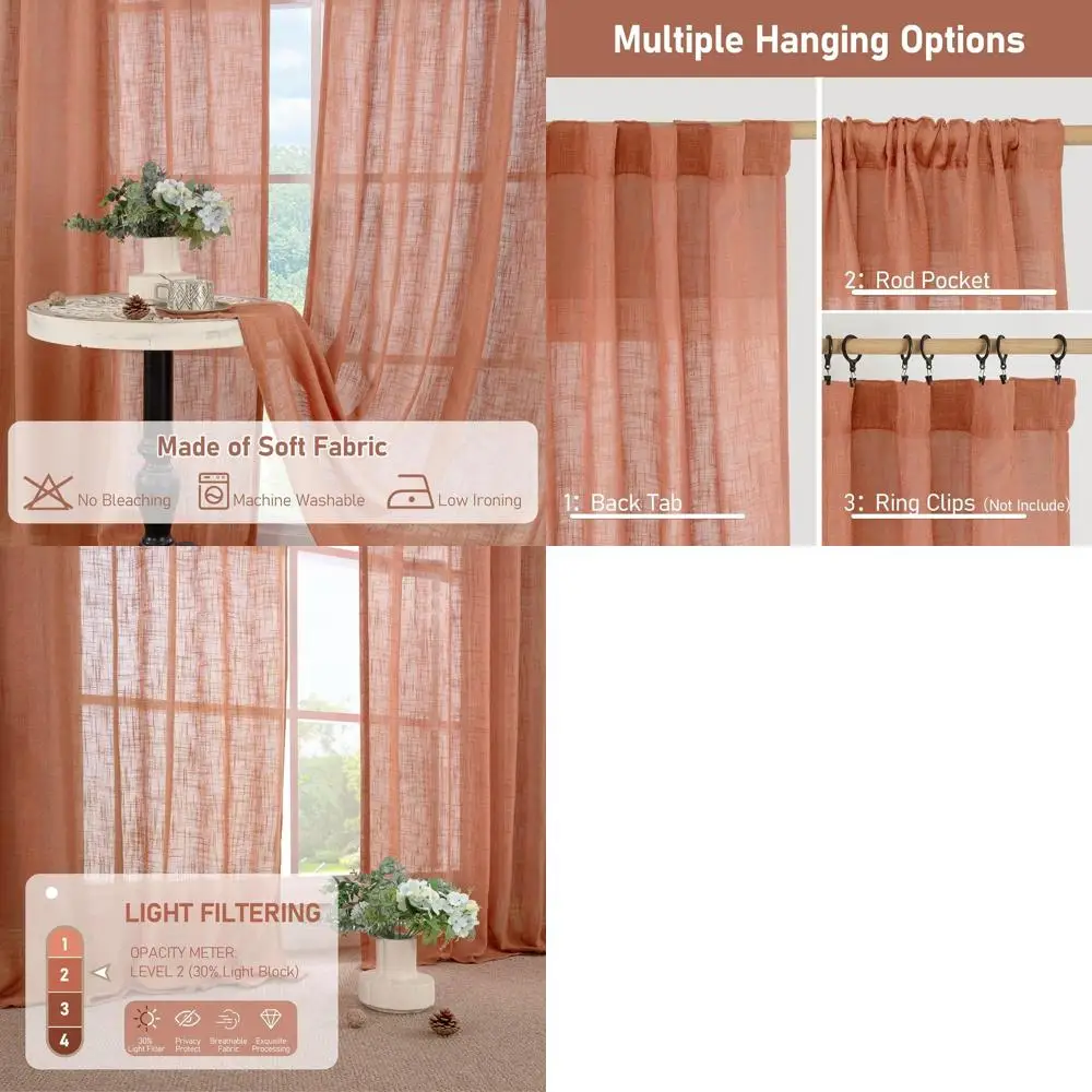 

120 прозрачных штор из терракотового льна, задняя вкладка и карман для стержней, 52x120, набор из 2 шт. для гостиной/столовой