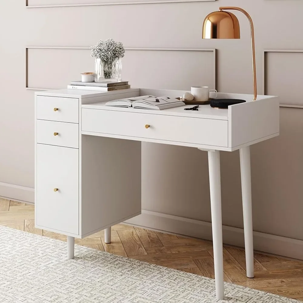 Vanity Dressing Table or Makeup Desk With 4 Drawers and Brass Accent Knobs White Wood Freight Free Furniture Mirror Bedroom