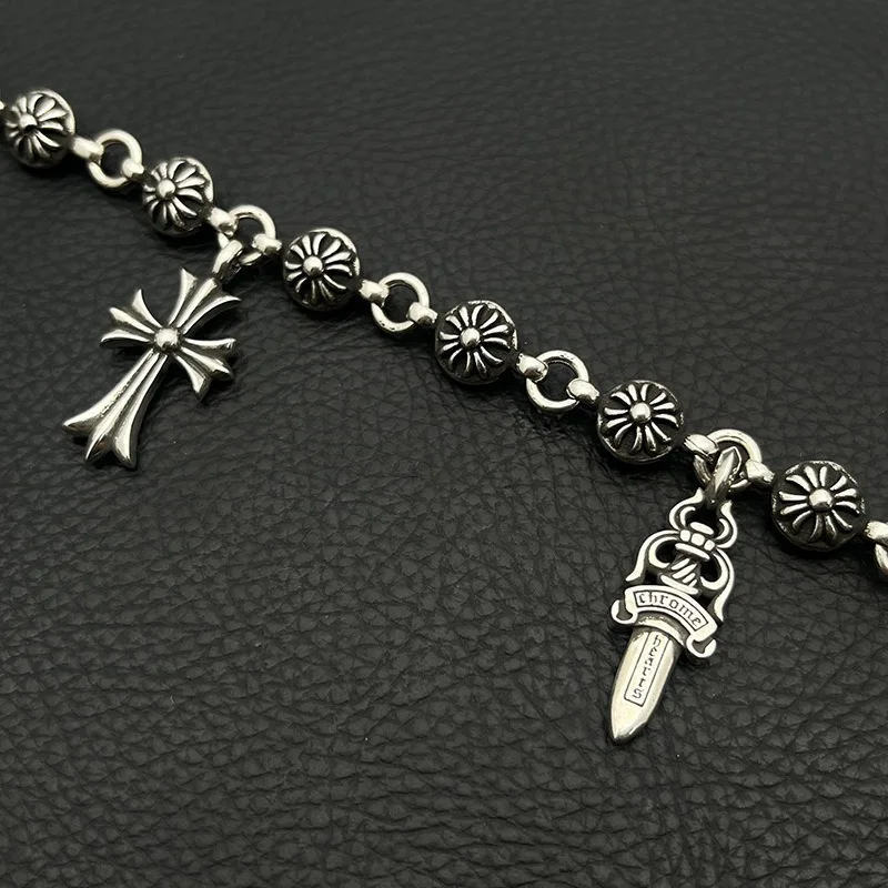 Premium Retro Cross Flower Ball Bracelet with Sword Cross Pendant Retro Hip Hop Domineering Men's Jewelry