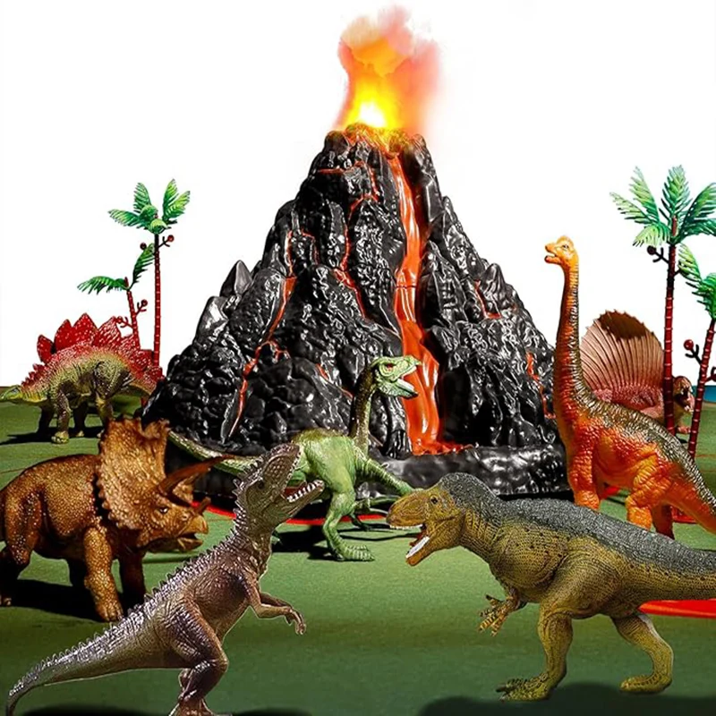 TEMI Dinosaur Toys With Volcano For Kids 3-5. Realistic Figures & Large Play Mat. Gift For Preschool Toddlers. Size 63x63 in.