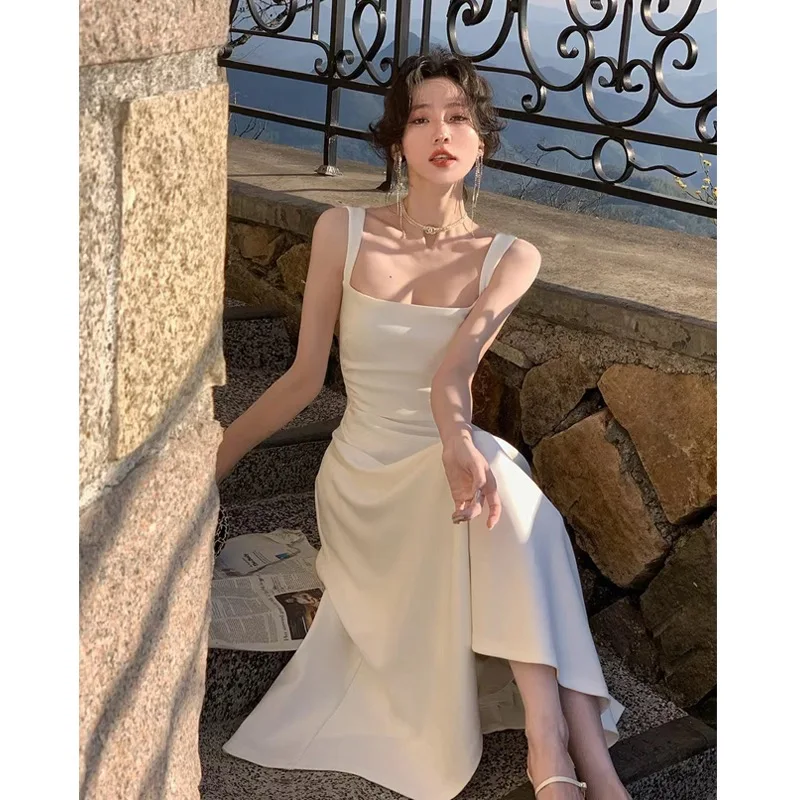 

White Suspender Dress 2024 Women's New A-line French Waistband Design with A Sense of Niche Long Dresses Female Clothing