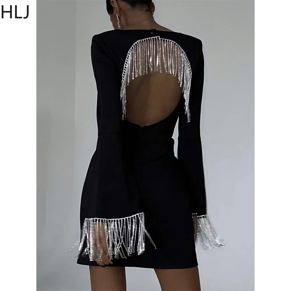 

HLJ Fashion Rhinestone Tassels Backless Bodycon Mini Dresses Women O Neck Flared Long Sleeve Slim Vestidos Sexy Party Club Dress