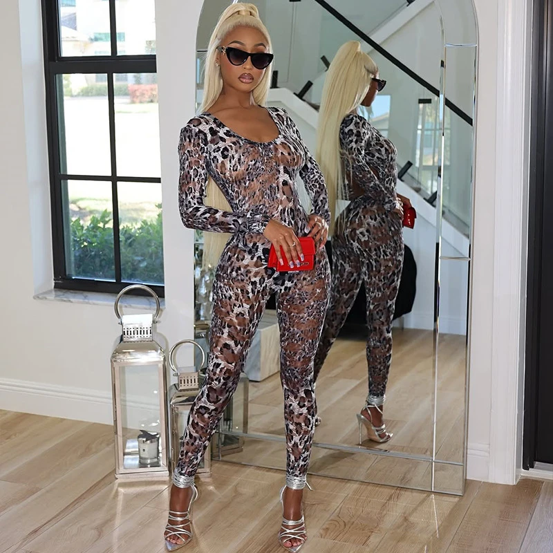 

2026 Spring Sexy Women Jumpsuit Leopard Printed Mesh See Through Full Sleeve Hollow Out Back Slim Bodycon Jumpsuits