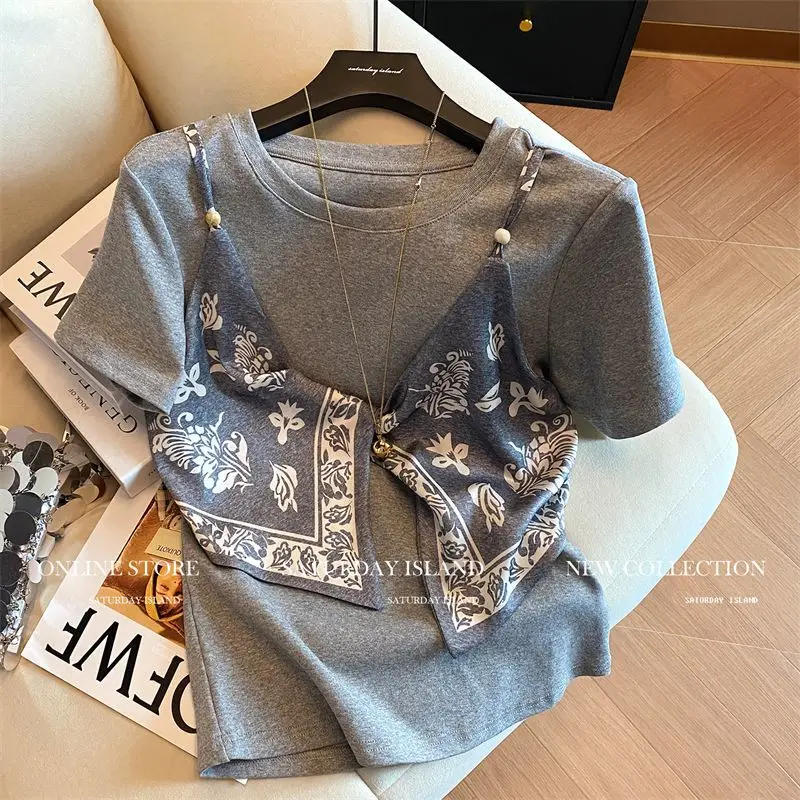 2025 sommer Neue Koreanische Mode Patchwork Gefälschte Zwei Stücke Weibliche Vintage Unregelmäßigen Oansatz Kurzarm T-Shirts Frauen Top T