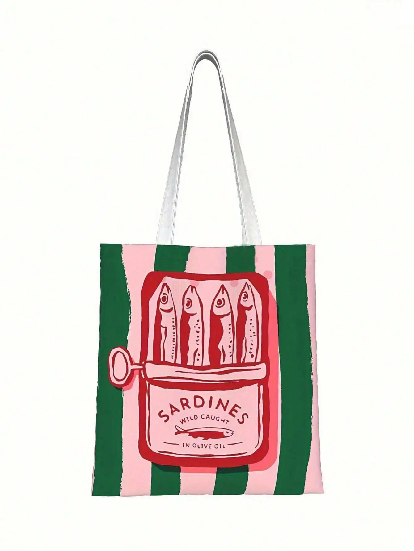 Vintage Sardine Can Print Canvas Tote Bag Pink Green Stripe Reusable Shopping Shoulder Bag Cute Retro Handbag Gift for Women