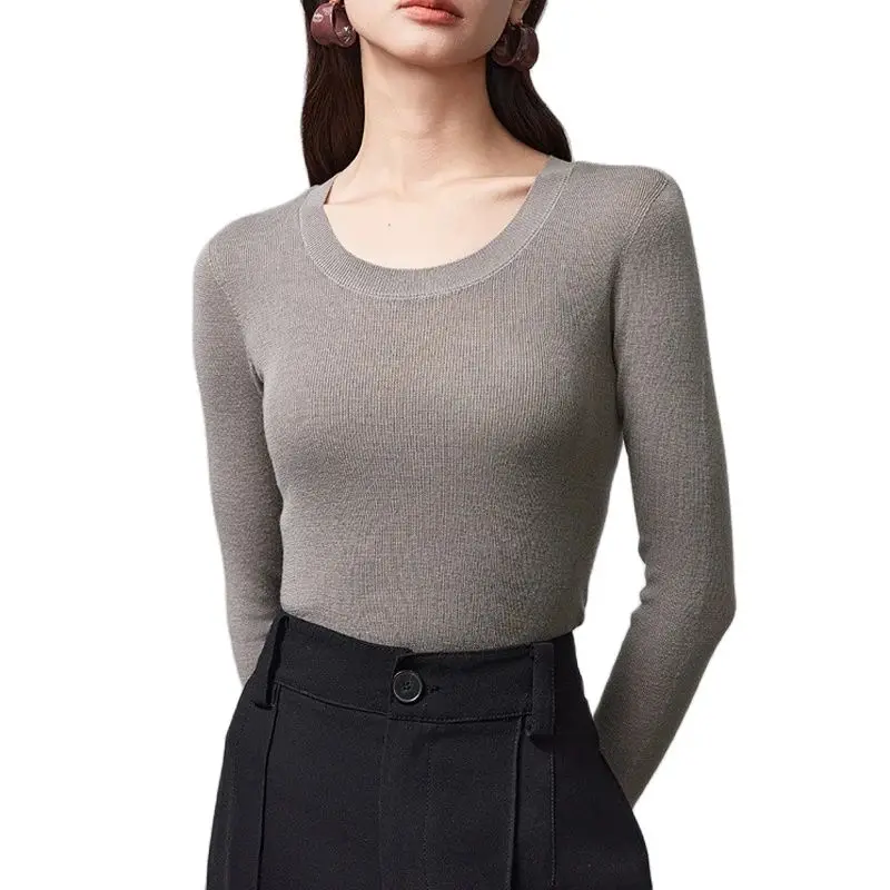 BirdTree, 90%Sheep Wool 10% Silk Elegant Knitwear, Women Long Sleeve Seamless, Casual Commute Tops, Autumn Winter Tees T48034QC