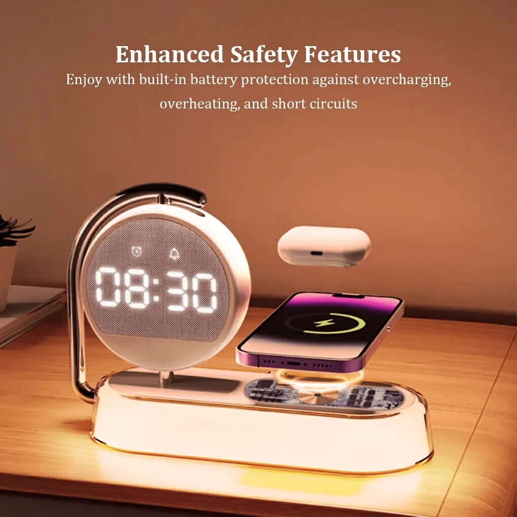 5-In-1 Alarm Clock Night Light with 15W wireless charging, 360° rotation and dimmable touch lamp. Features time & date display, USB-C power and safety protection for bedside use.