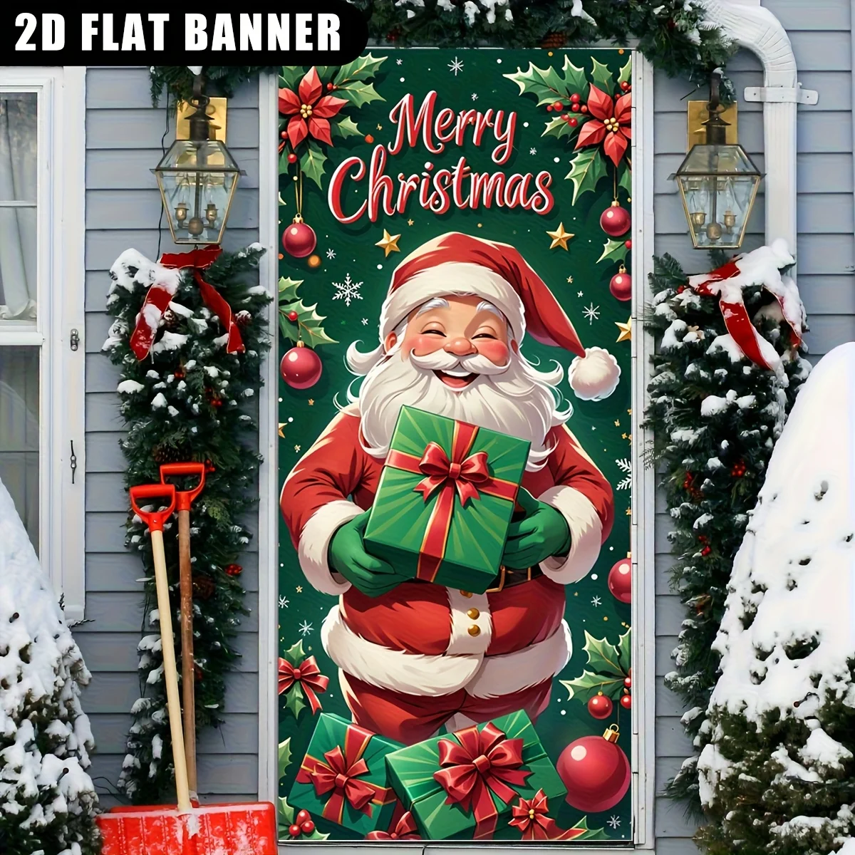 2D-Türbanner 2D flach, Weihnachtsmann-Weihnachtstürbanner – Weihnachtsdekoration aus Polyester mit den Worten „Merry Christmas“