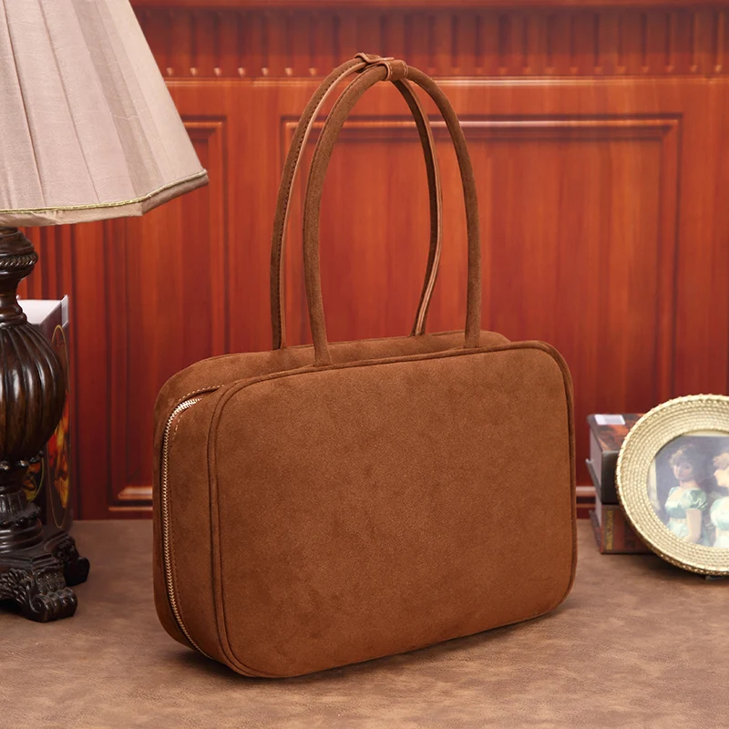 

Retro suede mother bag 2025 new college style large capacity fashion briefcase versatile casual Boston one-shoulder handbag