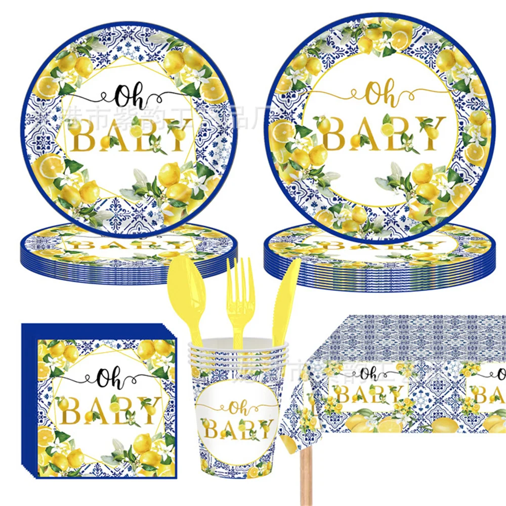 Lemon Oh Baby Plates and Napkins Party Decorations, Disposable Tableware Sets, Baby Shower, Birthday Party Supplies