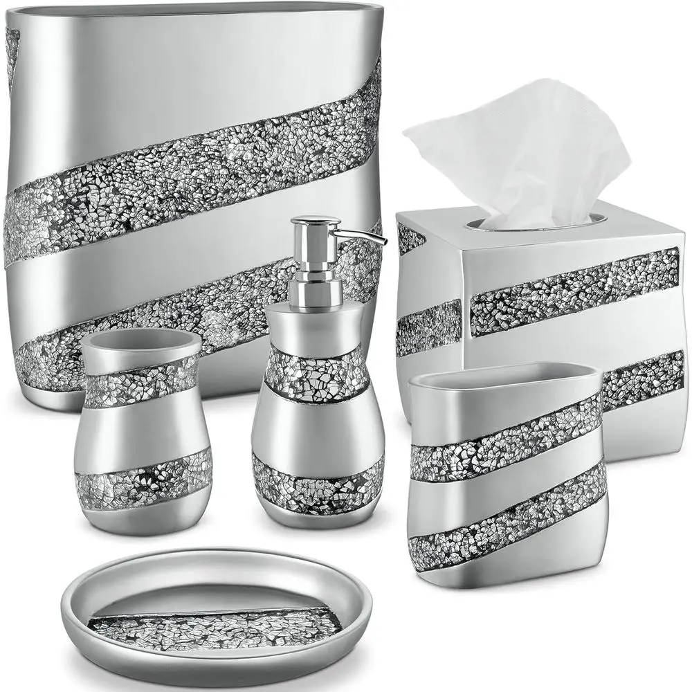 

Silver Mosaic Bathroom Accories Set Complete - 6 Piece Bathroom Set Includes: Bathroom Trash Can, Tissue Cover, Soap Dispenser,