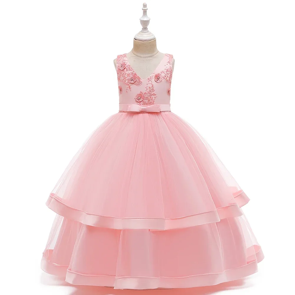 5 Colors 110cm-160cm Children Dress V-Neck Girl Skirt Long Floor-length Vestidos Princess Wedding Performance Party Ball Gown