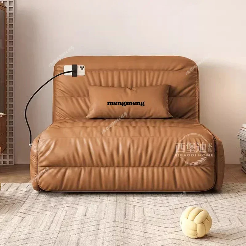 

Smart electric leather sofa bed bedroom living room office push-pull foldable dual-purpose small apartment lazy multi-function