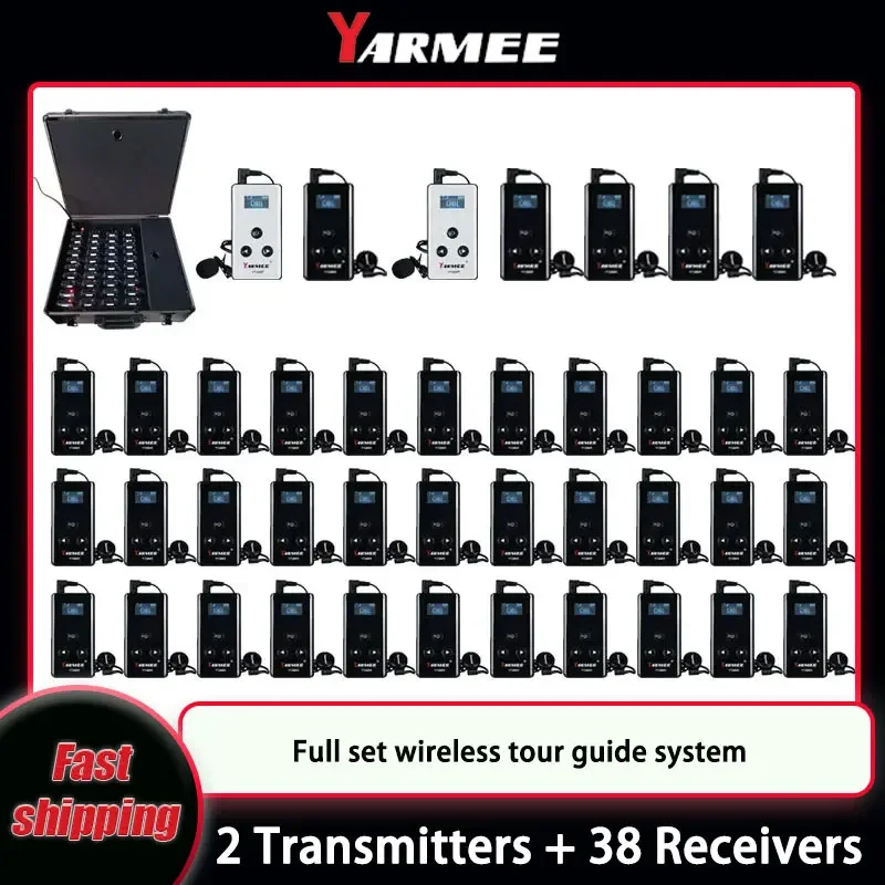 

YARMEE Wireless Tour Guide System Portable 2 Transmitter + 38 PCS Radio Receivers With Charging case For Travelling Umrah Hajj