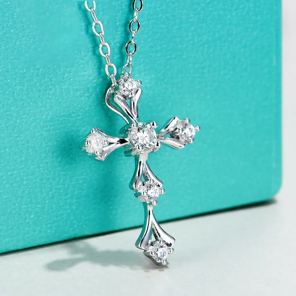 Crucifix Faith Cross Moissanite Pendant Necklace White Gold Plated 925 Sterling Silver Unisex Jewelry Hip Hop Goth Style Gift