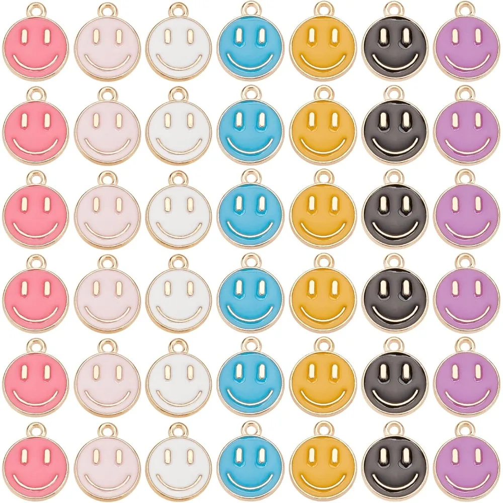 About 98Pcs 7 Colors Smile Face Charms Pendants Alloy Enamel Charms with Smile 14.5x12mm Light Gold Happy Face Enamel