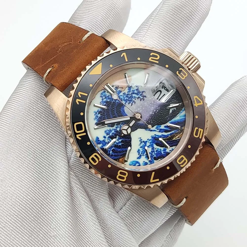 Luxury Kanagawa Luminous Dial Men\'s Watch Rose Gold Case 40mm Aseptic NH35 Self-Winding Movement Sapphire Glass Watch