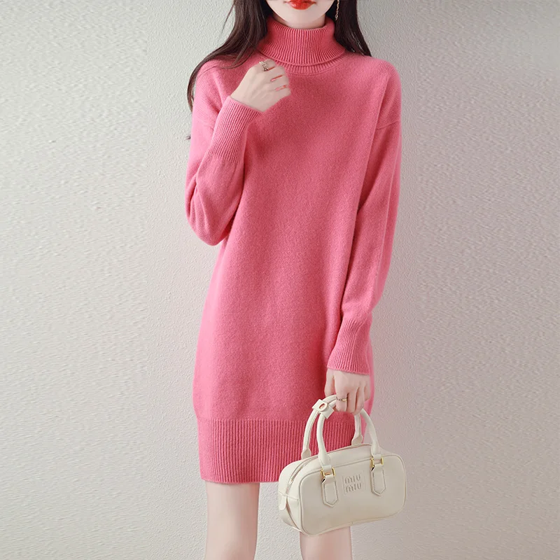 100% Merino Wool Dress Women Sweater Turtleneck Long Dress Autumn Winter Soft Thick Female Clothes New Fashion Elegant Knitwear