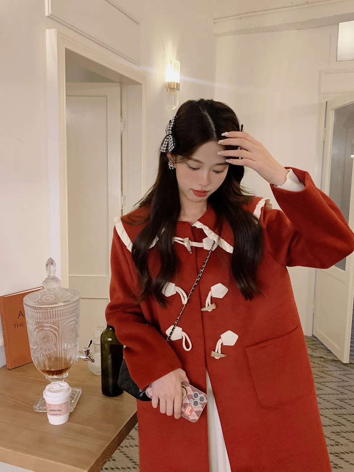 

Зимнее шерстяное пальто Anli с воротником темно-синего цвета, на пуговицах из рога, с кружевной отделкой, длинное, свободного кроя, в корейском стиле, для повседневной носки