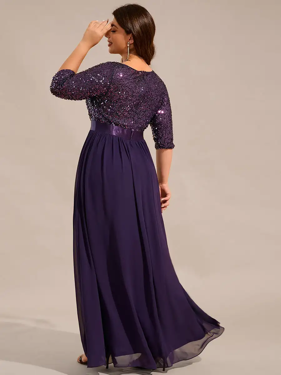 Plus size Evening Dresses Long sleeve O-Neck 2025 Ever pretty of A-LINE Sequin Dark Purple Bridesmaid dress