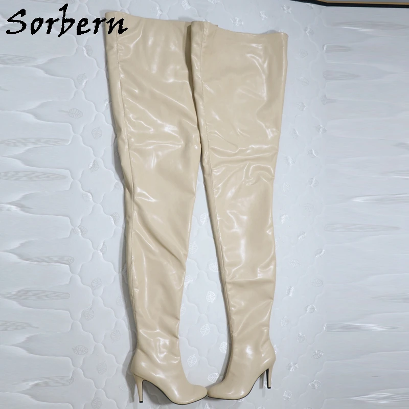 Sorbern Beige Matte Super Long Boots Women 85Cm Crotch Thigh / 125Cm Outside Shaft Length Kitten High Heel Stilettos