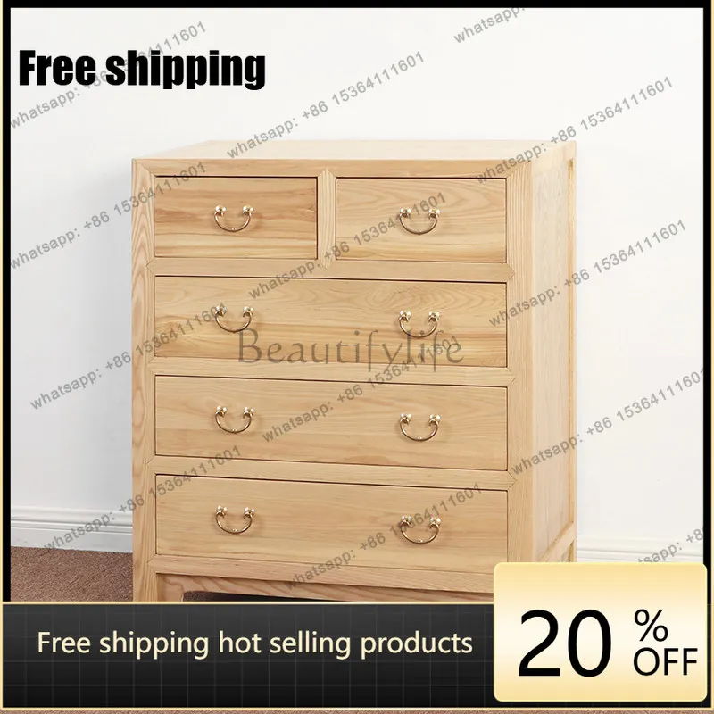 Modern new Chinese old elm chest of drawers, bedroom solid wood five-drawer cabinet
