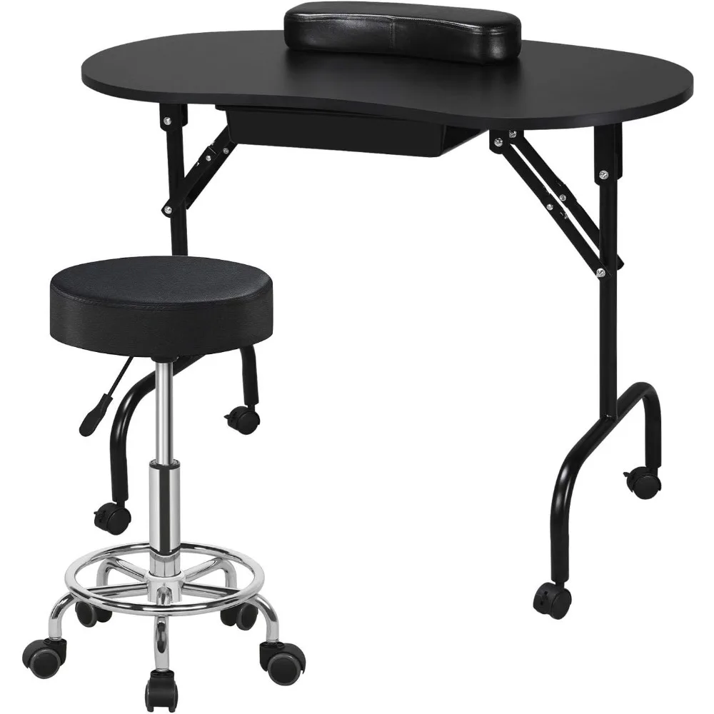

37-inch Foldable Manicure Table & Rolling Stool, Nail Desk Workstation w/Carrying Case/Wheels and 360° Swivel Height