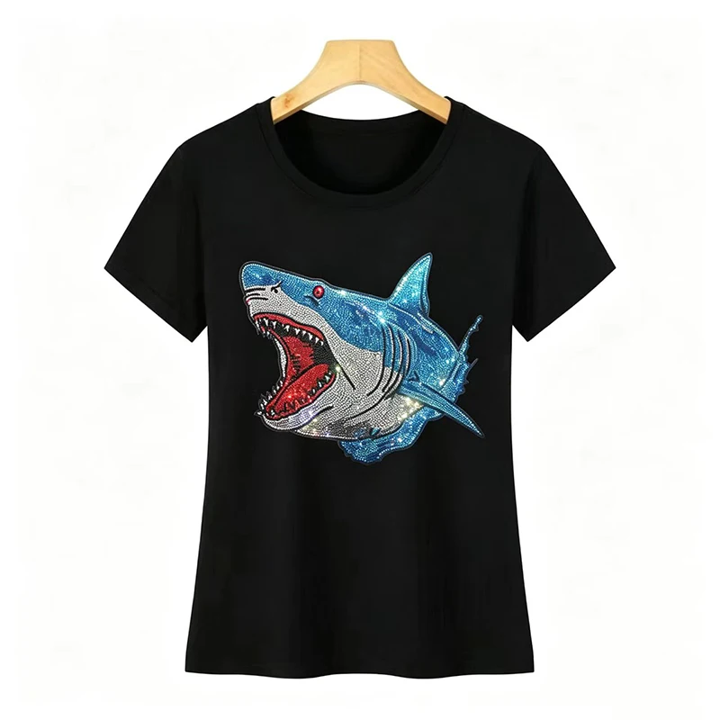 IZEVUS Shiny cartoon shark fashion large applique with glittering sequins women's summer cotton short-sleeved casual T-shirt
