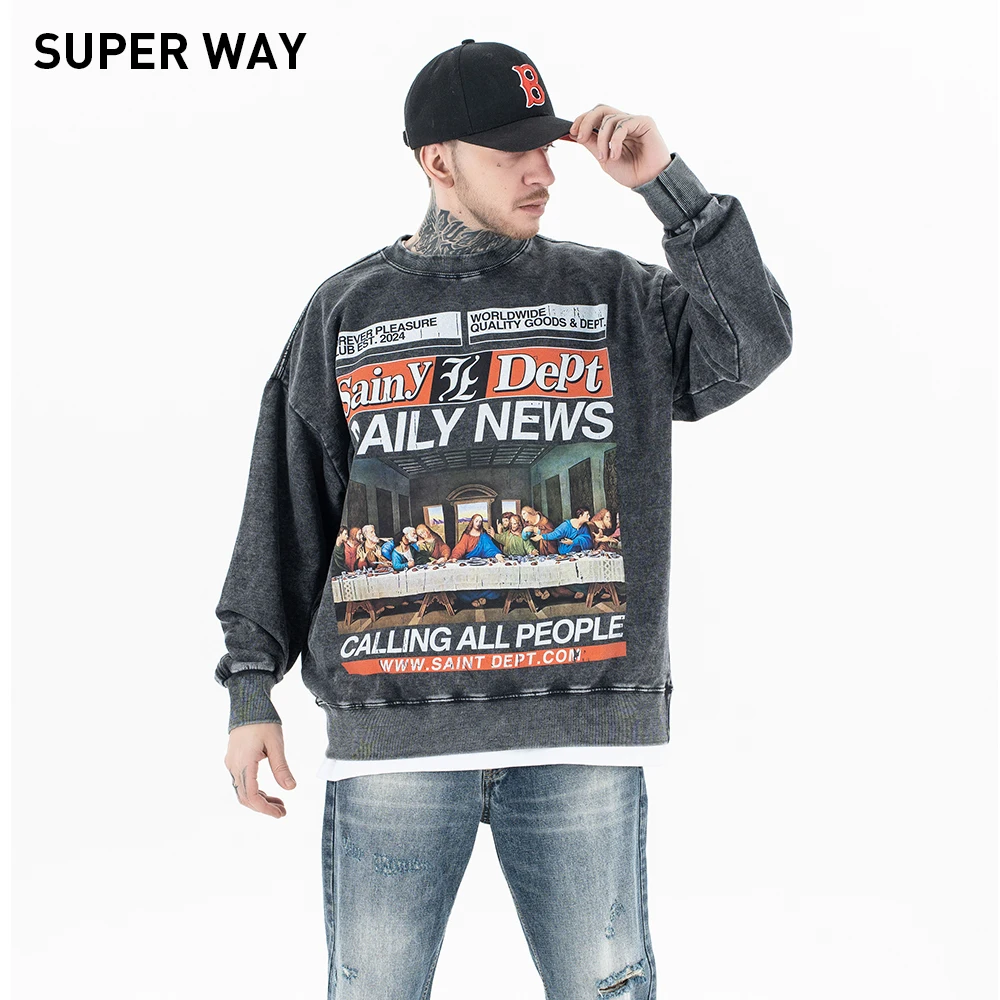 Superway Origineel Ontwerp Het Laatste Avondmaal Grafische Afdrukken Sweatshirt Mannen Oversized 400GSM Streetwear Vintage Losse Truien