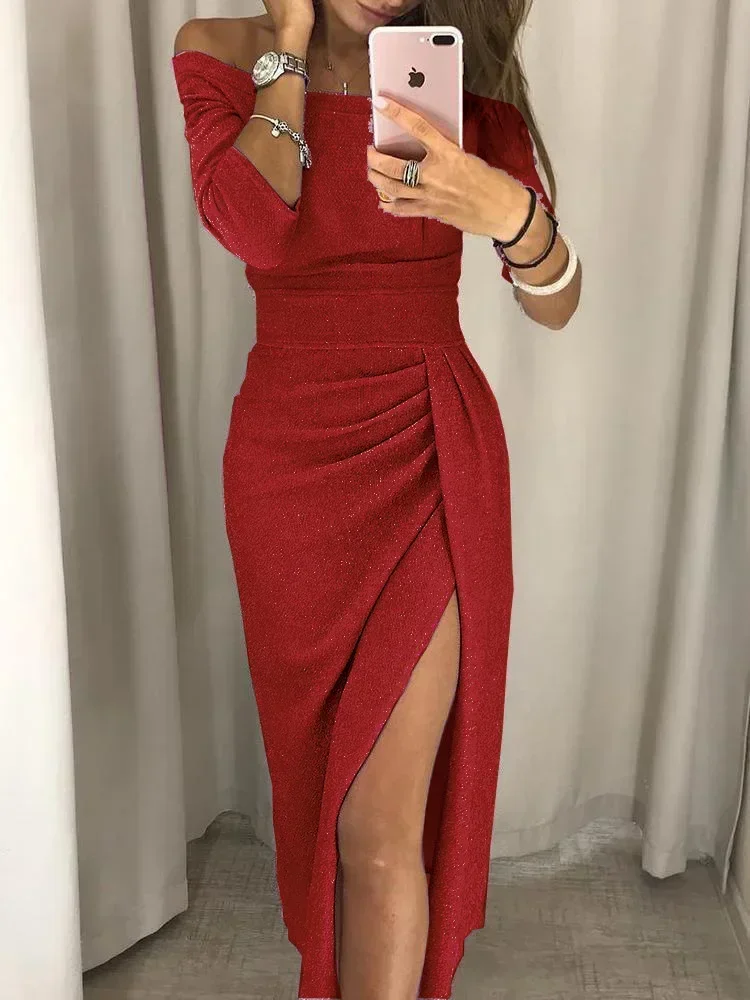 2024 Women\'s Off Shoulder Long Sleeve Bodycon Evening Party Long Dress Asymmetrical Split Pencil Dresses S M L XL XXL