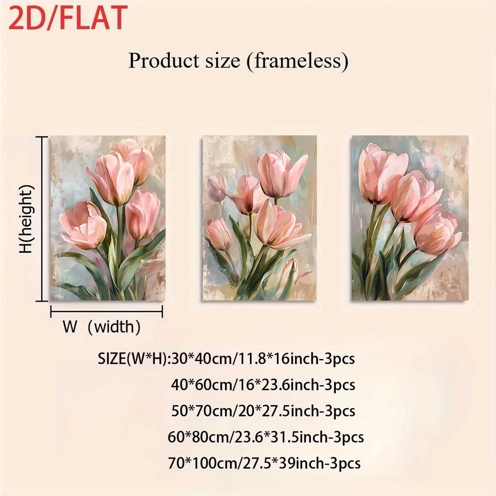 3PCS Frameless,One set of pink tulip triptych frameless decorative paintings, a warm and inviting 2D bedroom wall art.