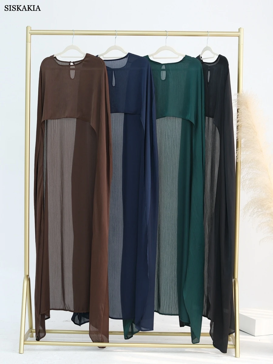 

1.Siskakia Ramadan Dubai Fashion Mesh Cape Moroccan O-Neck Abaya Muslim Elegant Women Evening Dress