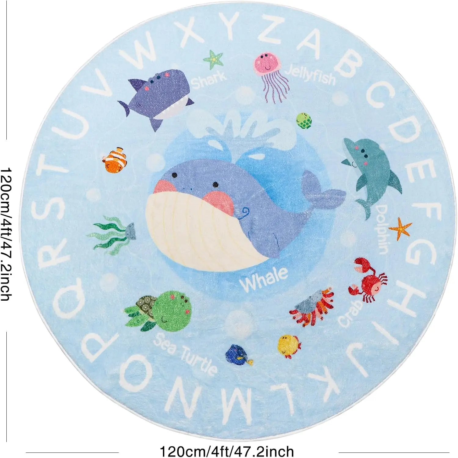 Educational Alphabet Ocean Life Play Rug for Kids Baby Toddlers Round Sea Animal Learning Classroom Mat Decor