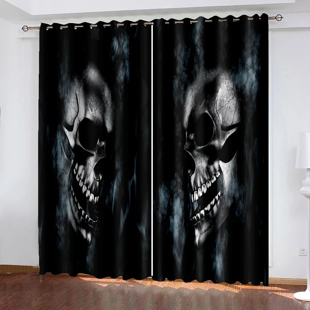 3D Black Cool Skull Horror Skeleton Scary Bones Style 2 Pieces Free Shipping Thin Window Curtain for Living Room Bedroom Decor