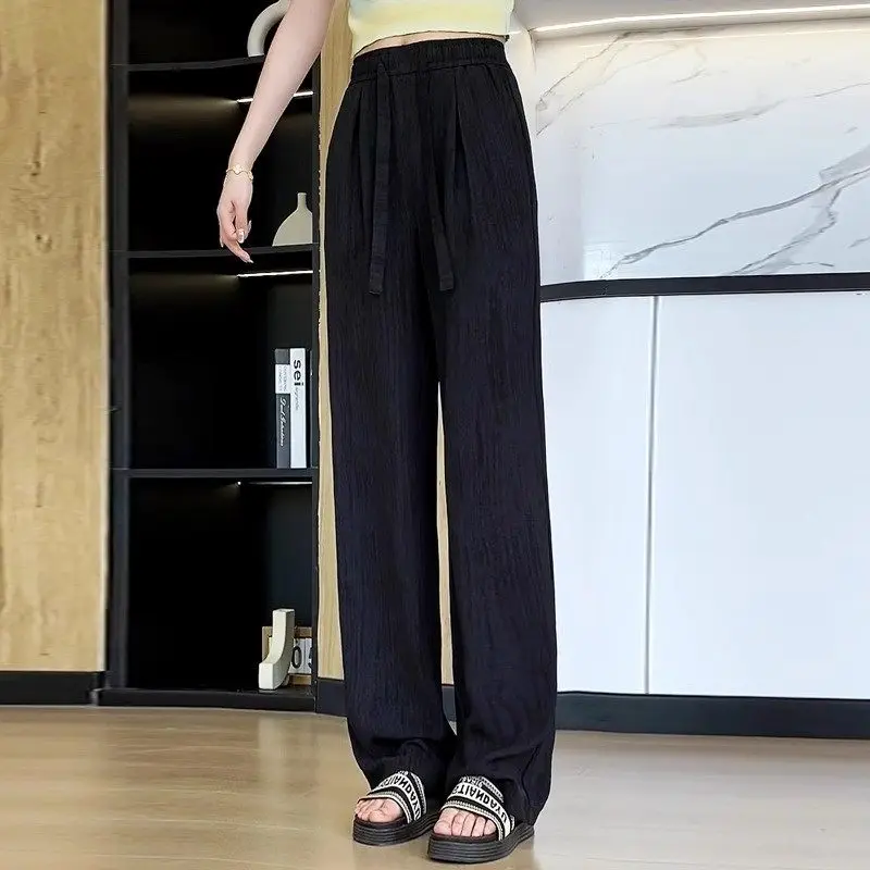 Women's High Waist Wide Leg Pants 2026 Summer Ice Silk Linen Loose Fit Flowy Straight Leg Casual Trousers Women Pants Sweatpants_ecoleips.com