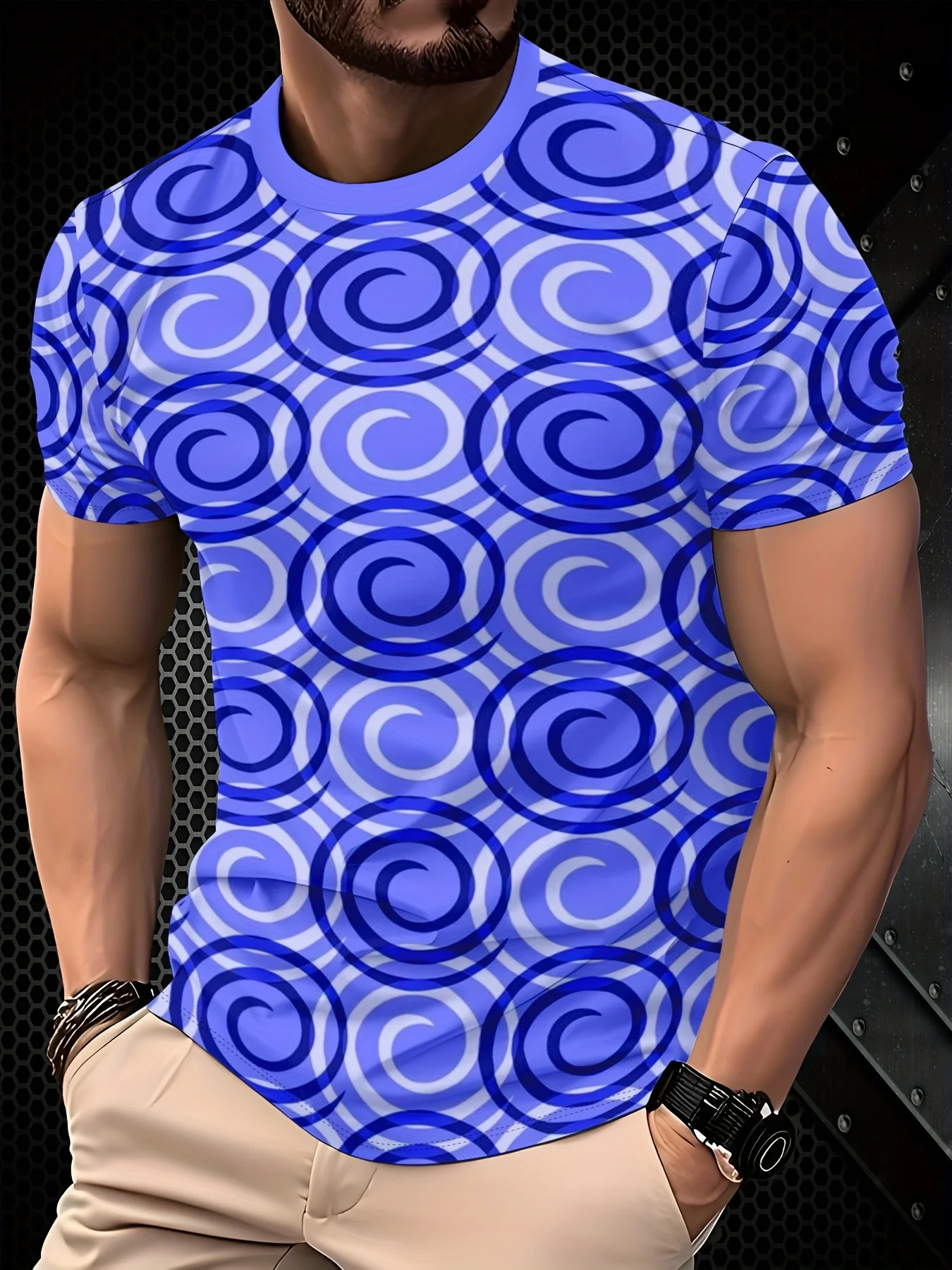 Men Blue White Swirl Spiral Allover Print Tee O Neck Short Sleeve Casual Top