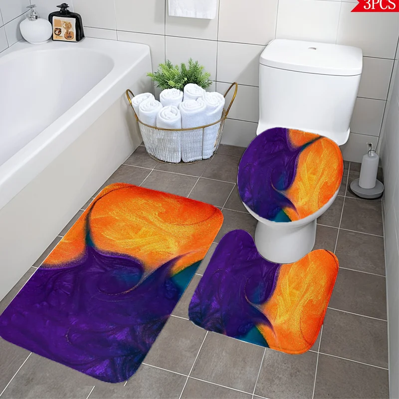 

3pcs Plush Bath and Toilet Cover Compatible for T-Toilets - Non-Slip Fluid Art Abstract Bath Mat, Soft with U-Shaped Lid Cover,