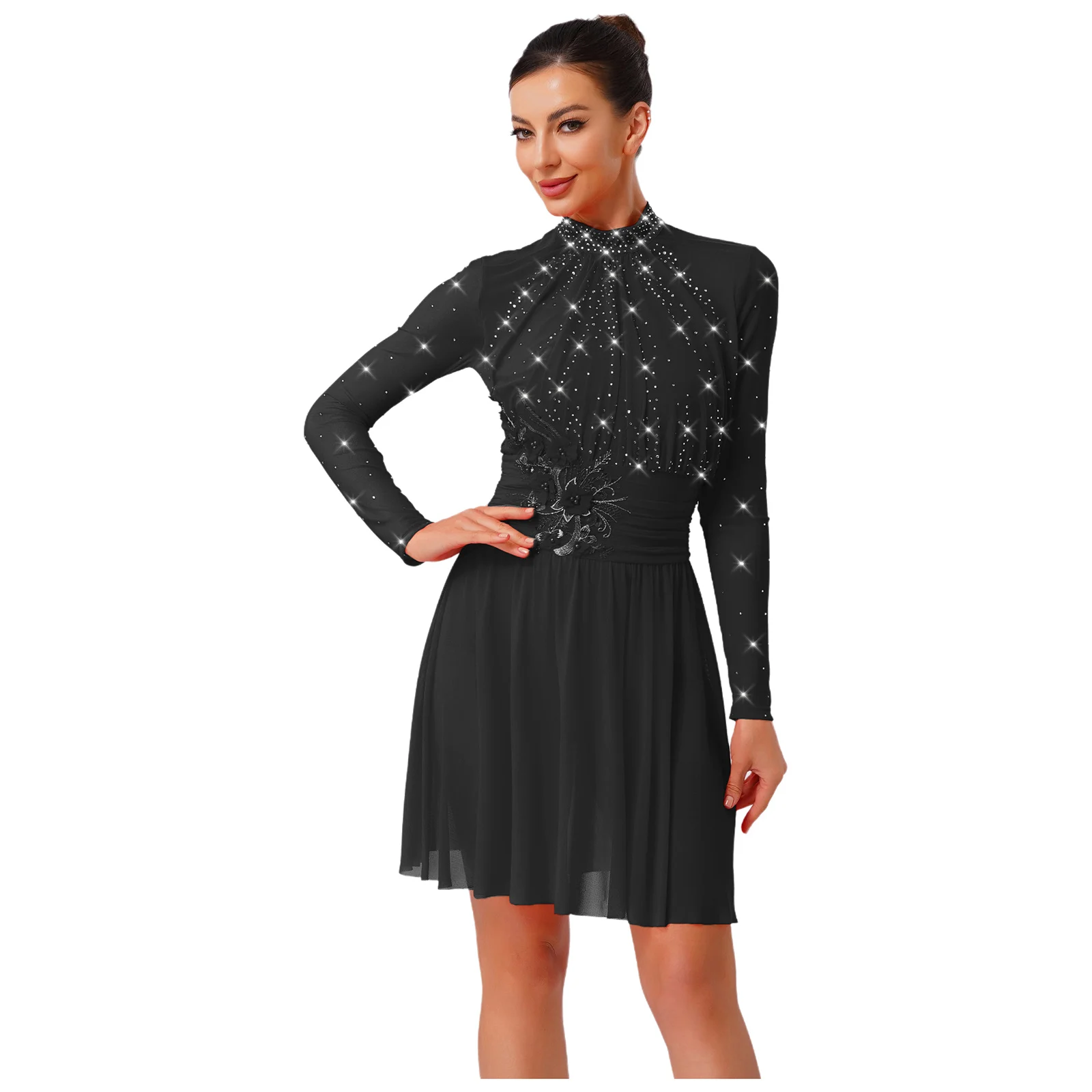 Robe de danse moderne lyrique pour femmes, broderie avec des appliques de strass, manches longues, justaucorps de gymnastique pour spectacle de patinage artistique