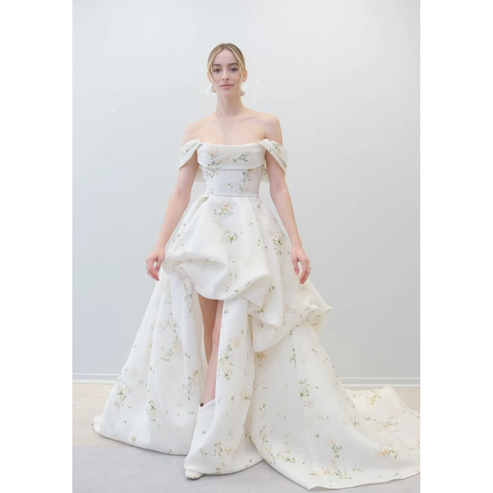 Women's Off Shoulder Floral Print High Slit Prom Gown White Asymmetrical Tulle Wedding Guest Dress Formal Evening Party