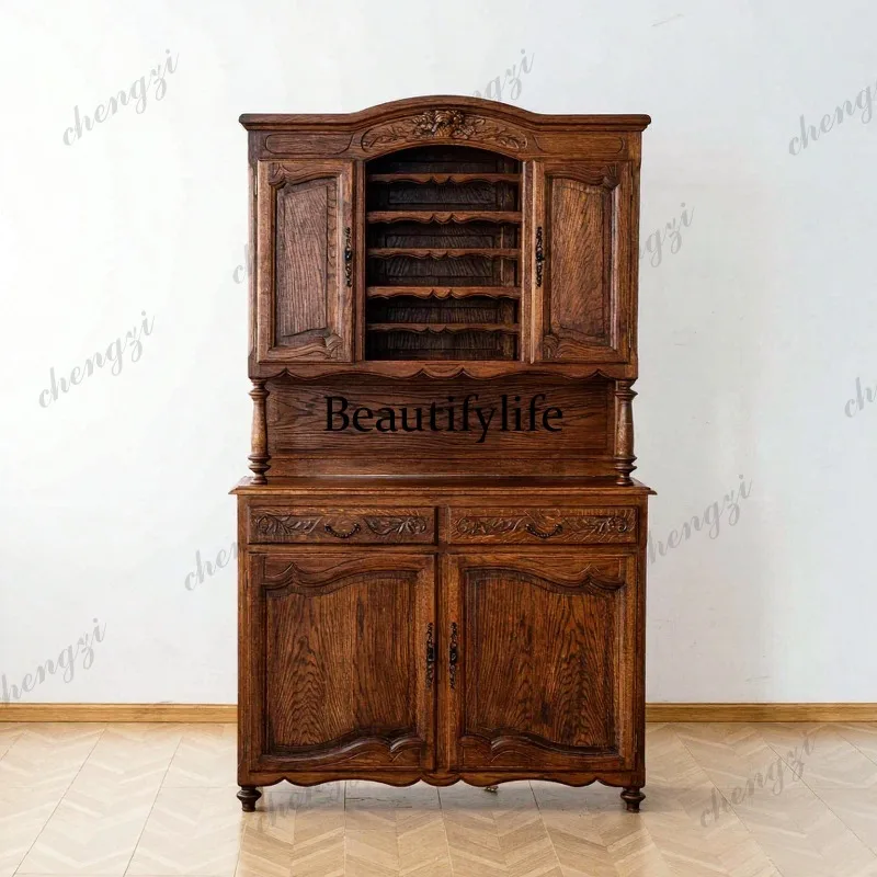 American retro solid wood carving flower dining side cabinet locker living room storage dual-purpose display cabinet