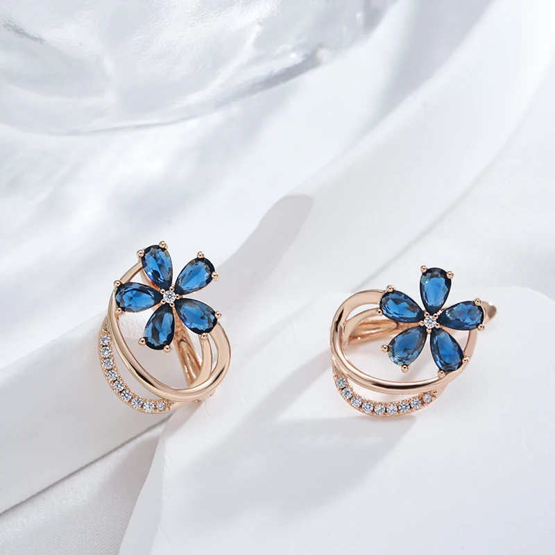 Kinel Trend Blue Natural Zircon Stud Earrings for Women 585 Rose Gold Color Flower Earrings Quality Daily Fine Vintage Jewelry