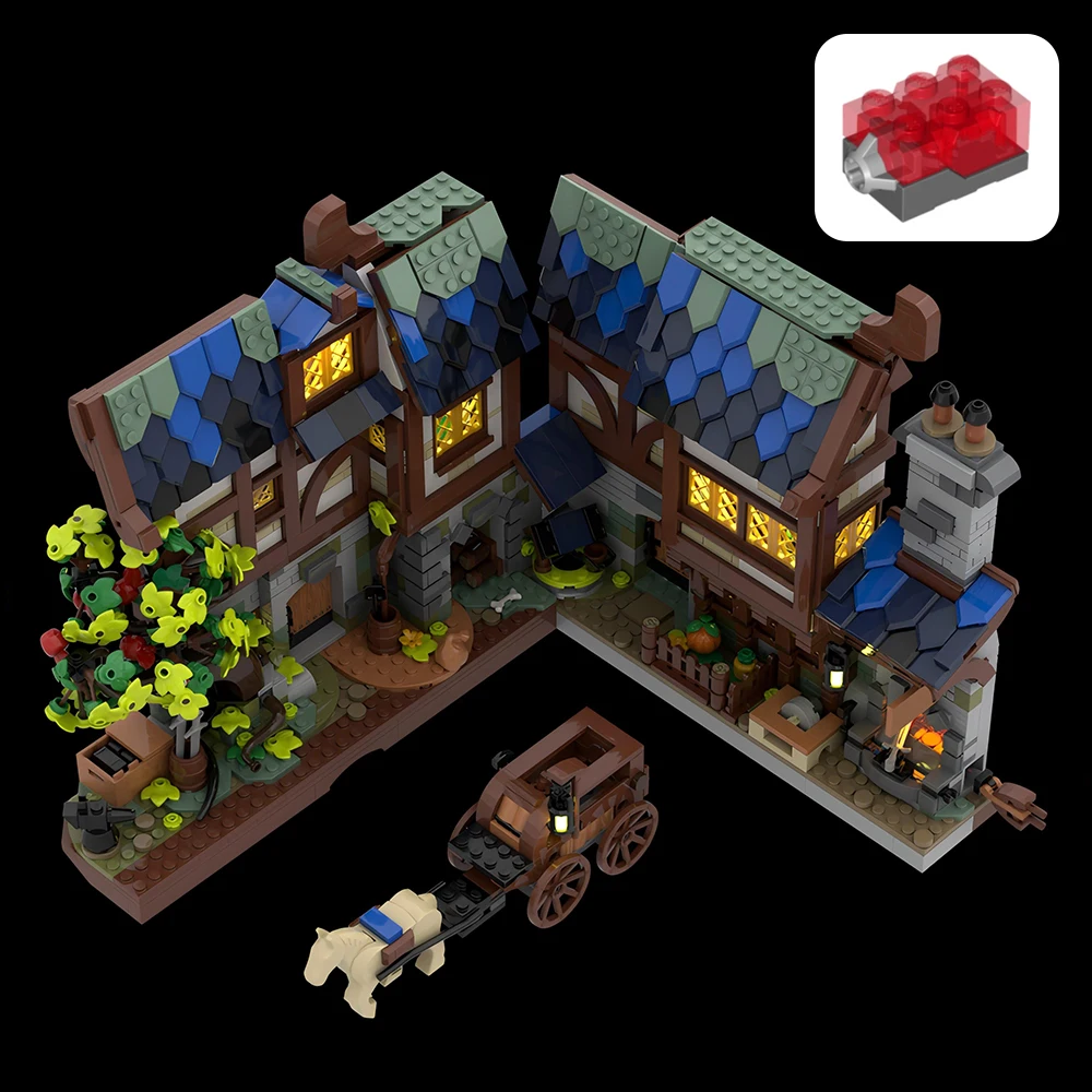 Nova marca moc edifício medieval ferreiro canto modelo blocos de construção aldeia livro canto crianças brinquedo diy presente natal