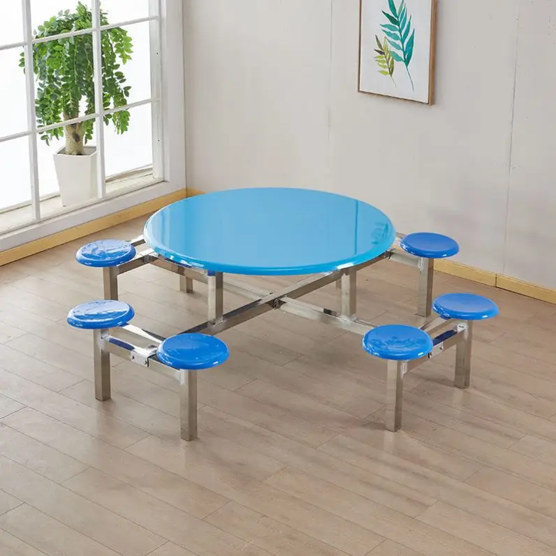 Stainless steel one-piece dining table and chairs School canteen combination Staff restaurant dining table
