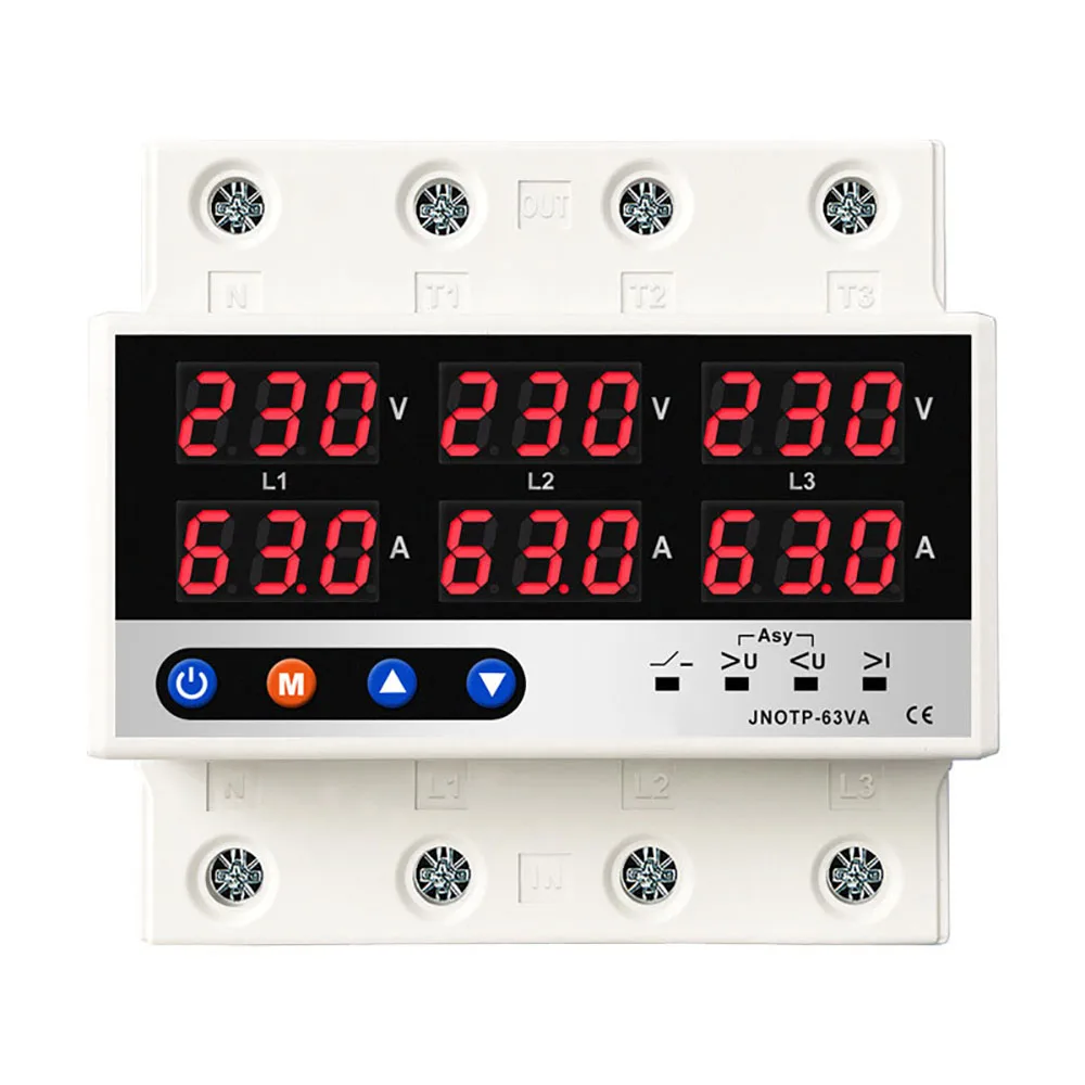 Din Rail 3 Phase Voltage Relay 3P+N Voltmeter Ammeter Over and Under Voltage Monitor Relays Protector Adjust Current Overvoltage