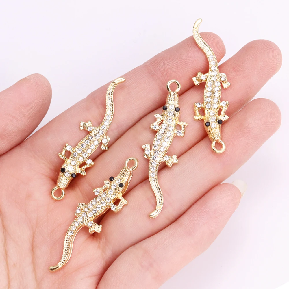10 Stuks Luxe Prachtige Gouden Kleur Zirkoon Hagedis Charme Voor Sieraden Maken Accessorie Diy Sweaterchain Ketting Sleutelhanger Hangers