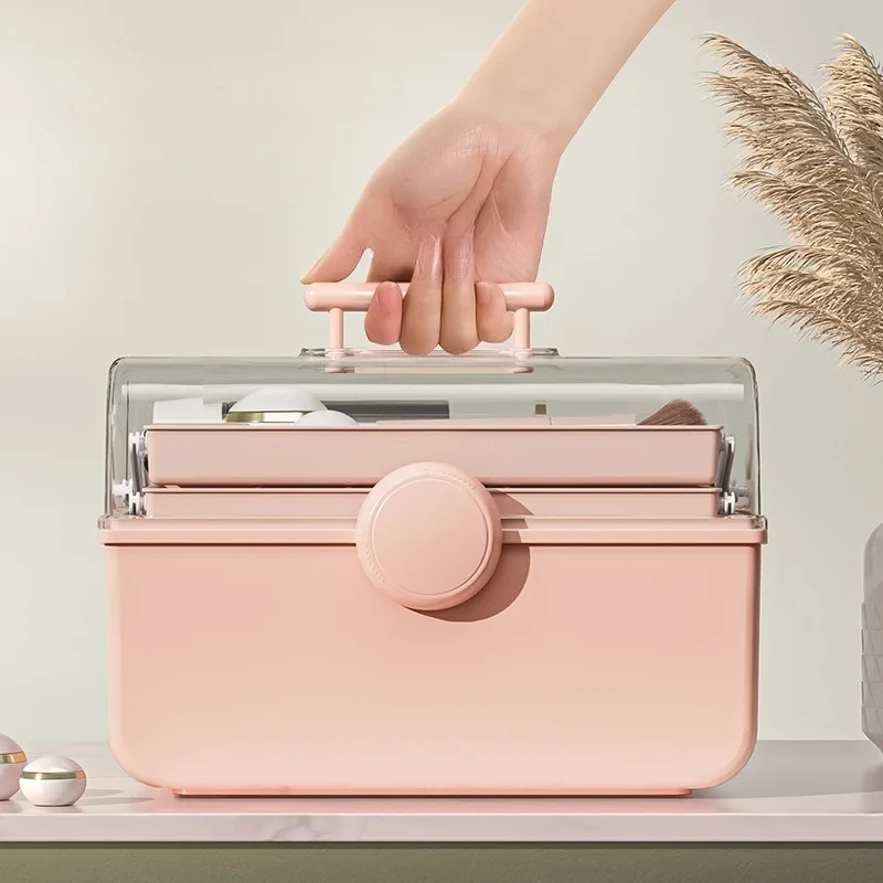 Caixa de armazenamento de drogas portátil desktop portátil de grande capacidade caixa de armazenamento de cosméticos plástico à prova de poeira e transparente.
