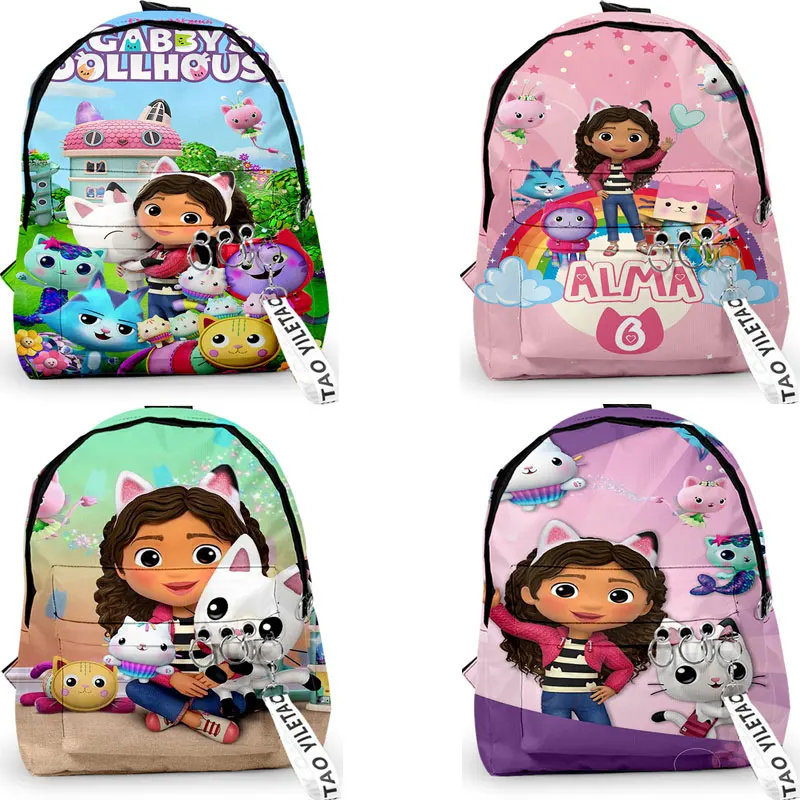 Popular Gabby\'s Dollhous Backpacks Boys/Girls pupil School Bags 3D Print Keychains Oxford Waterproof Cute Small Backpacks